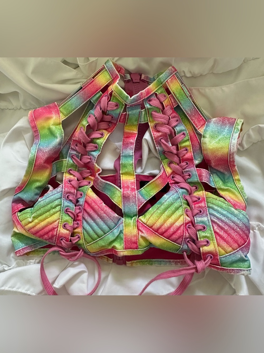 NWOT Club Exx Glitter Rainbow Harness Bra Top Women’s Size XXS